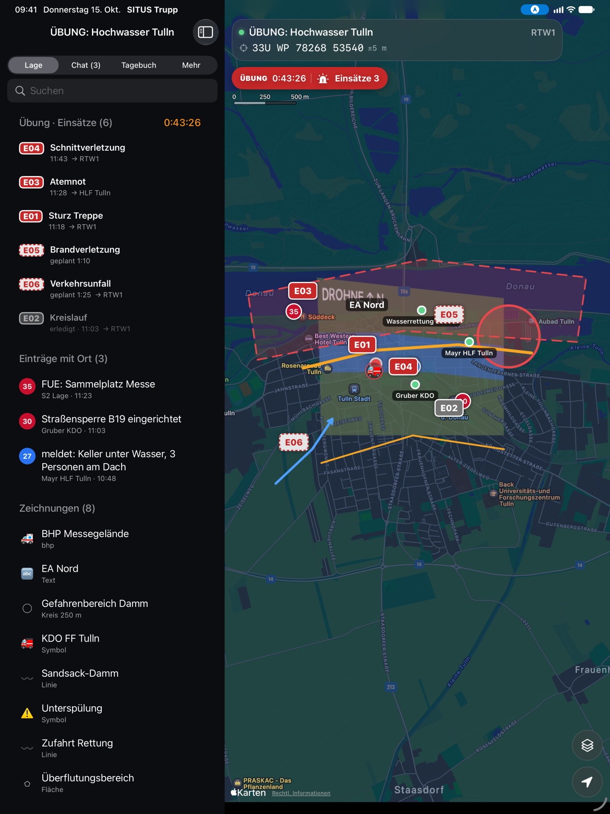 App am iPad: Lage mit Seitenleiste und Karte