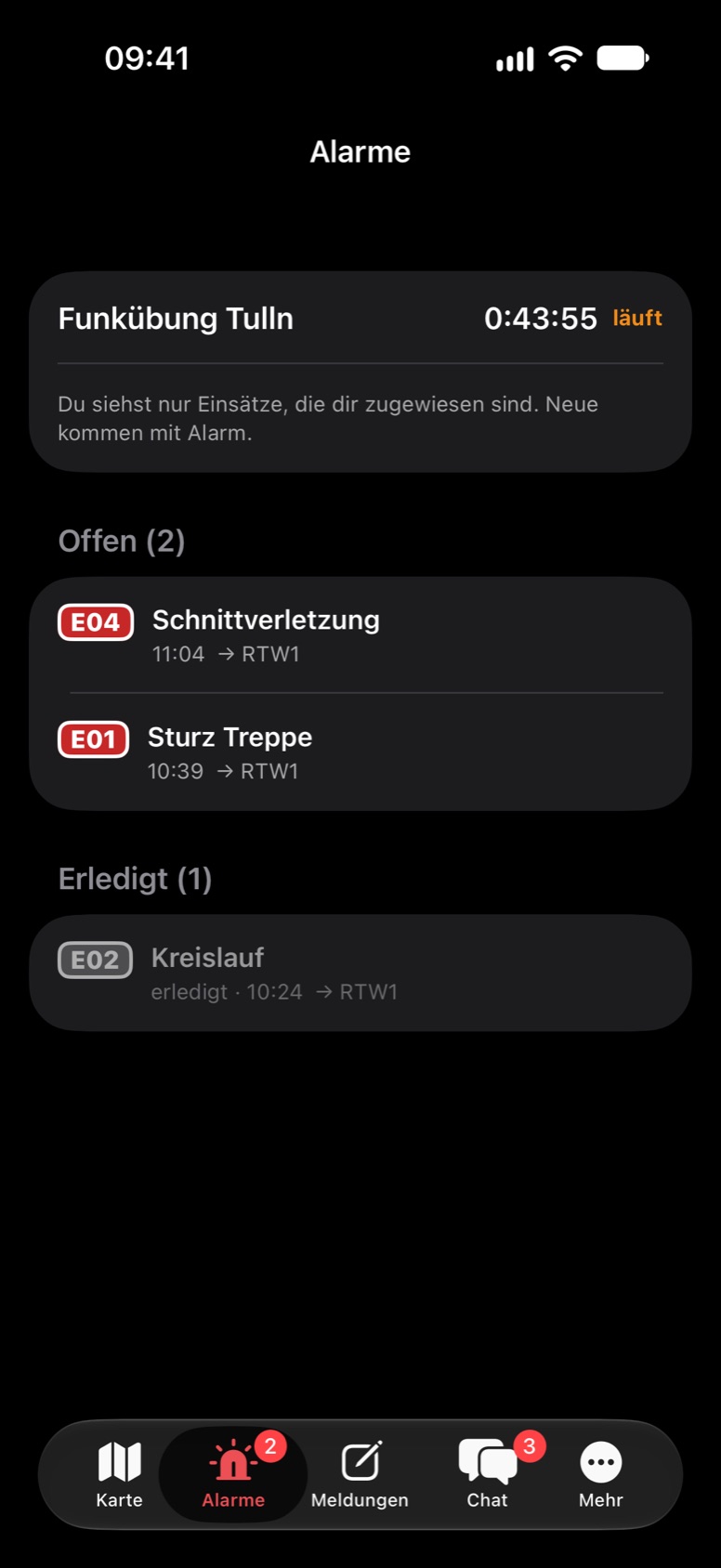 App: Reiter Alarme mit offenen und erledigten Einsätzen