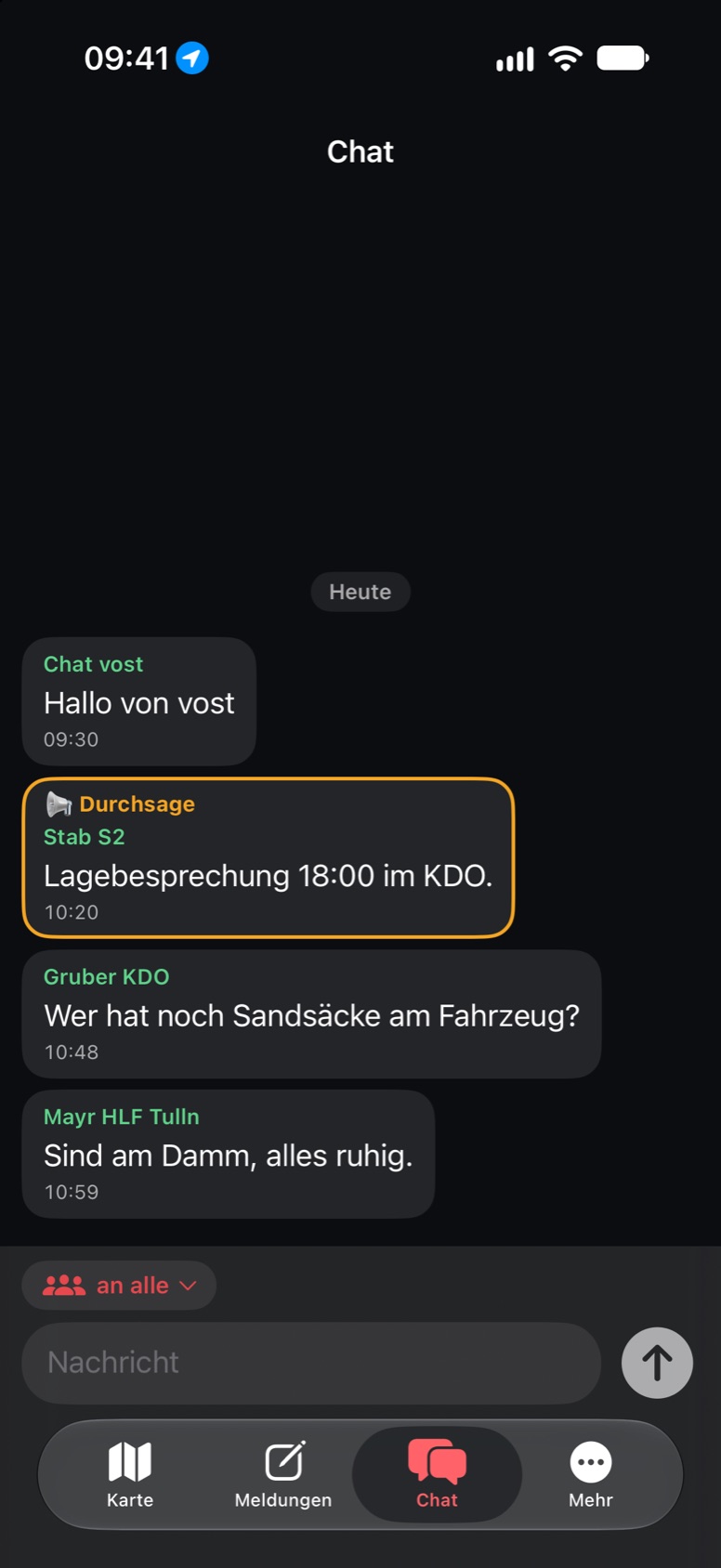App: Chat mit Durchsage der Einsatzleitung