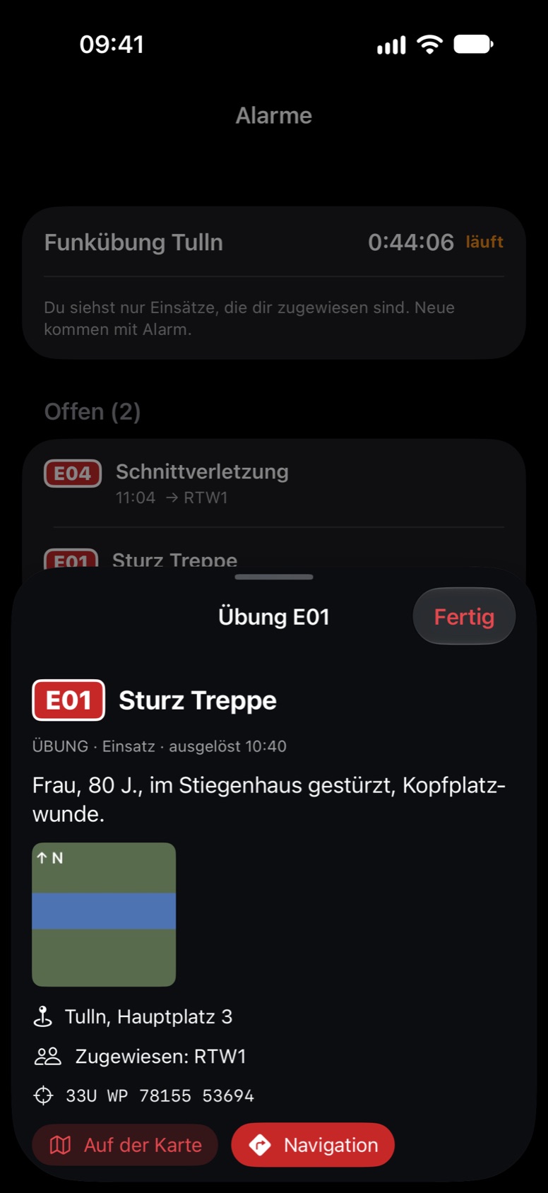 App: Einsatz mit Karte, Ort und Navigation