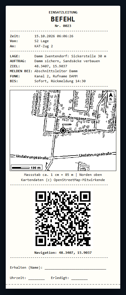 Gedruckter Befehl mit Kartenausschnitt und Navigations-QR-Code