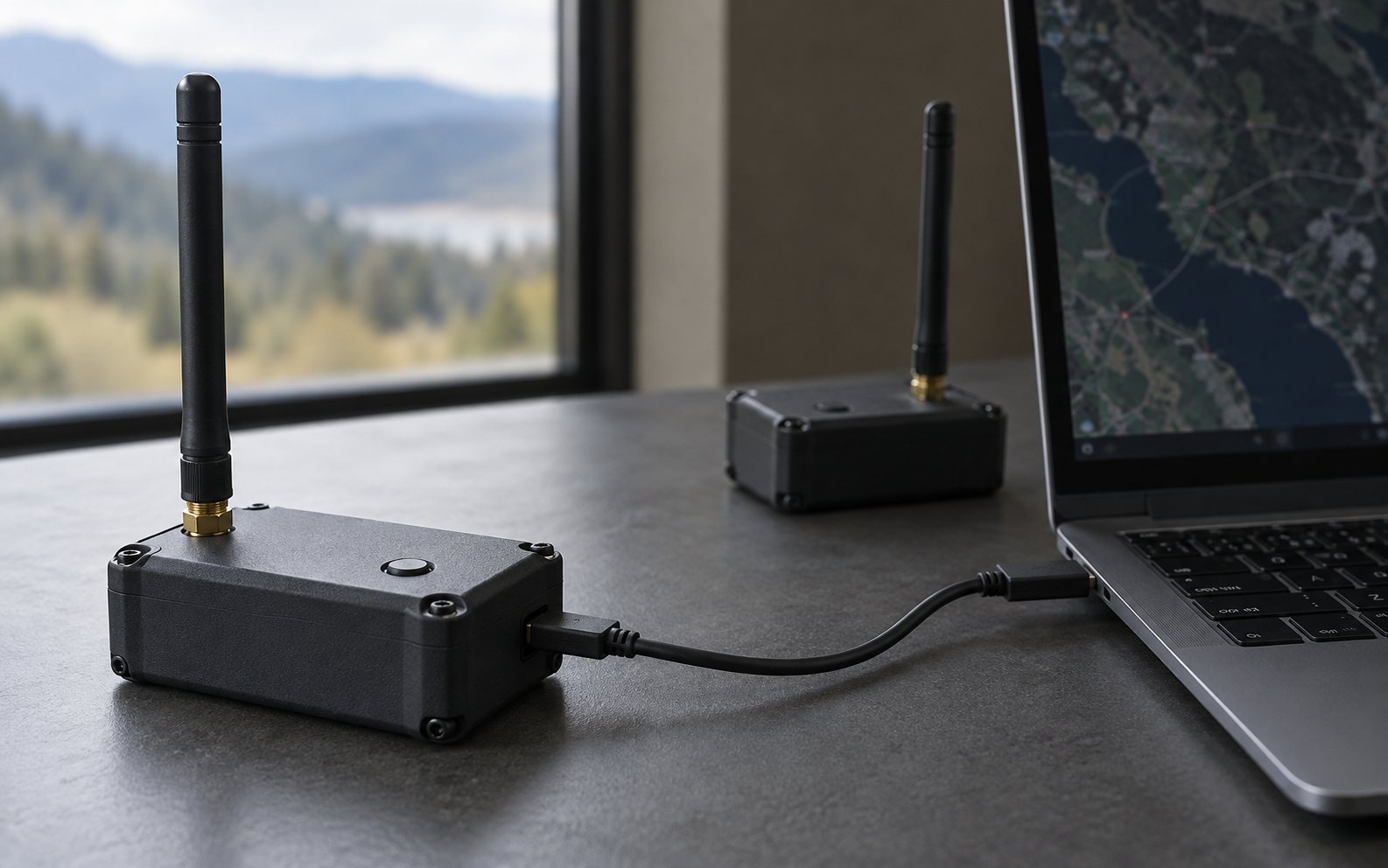 Illustration: zwei kompakte LoRa-Funkgeräte mit Antenne, eines per USB am Laptop